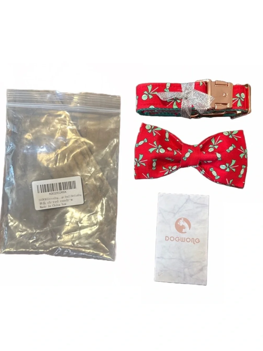 Red Candy Print Dog Collar S/M w Detachable Bow Tie Rose Gold NWT Cute